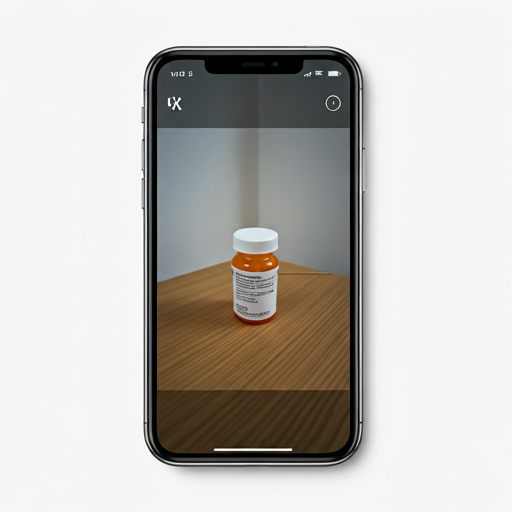 A smartphone screen showing a camera view focused on a prescription bottle. The interface is simple, emphasizing the ease of capturing information for the app.